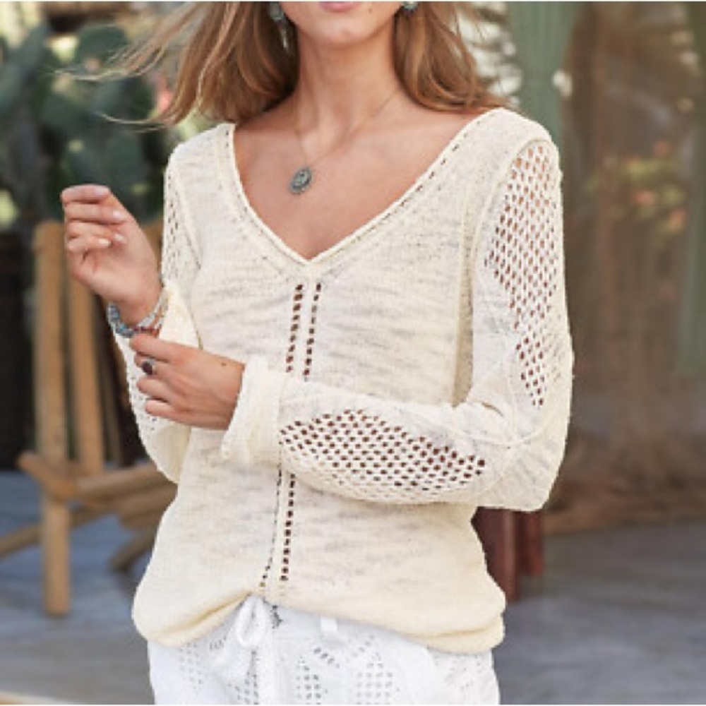 Sundance Open Breeze Beige Open Knit Lightweight Beach Coastal Top Sweater L